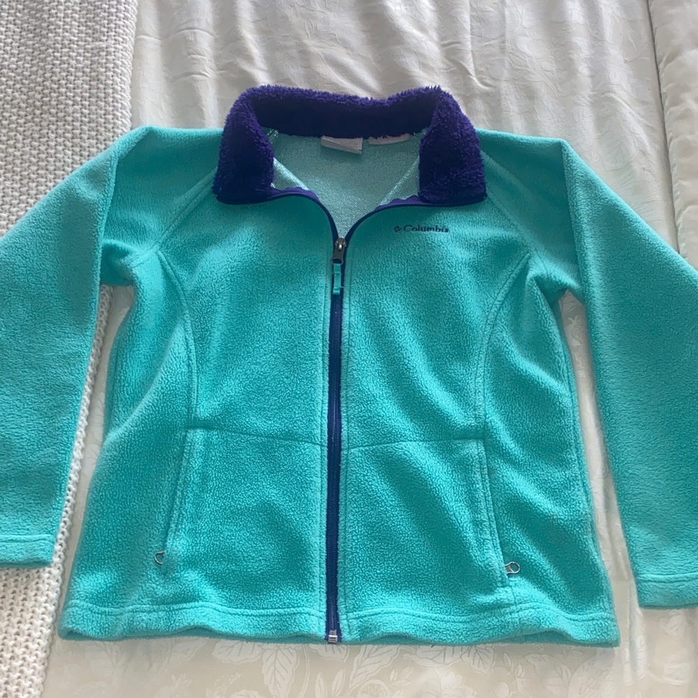 Girls Columbia Aqua Fleece Jacket with Purple Trim